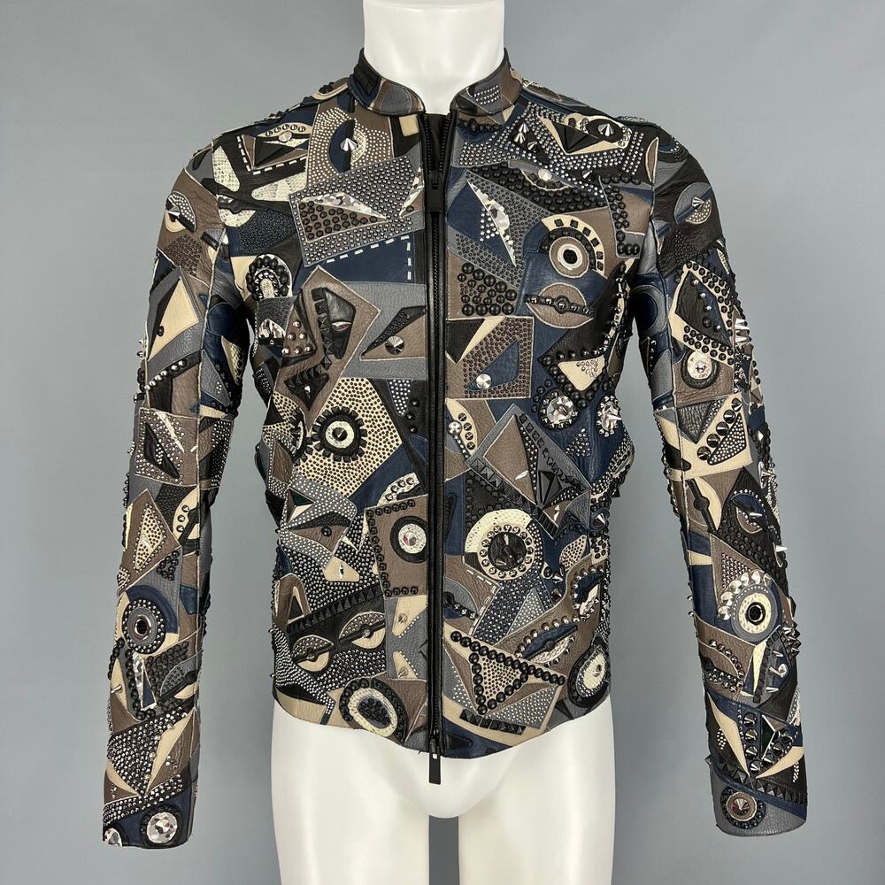 Fendi Grey Blue Lamb Deer Leather Snakeskin Studded Allover Monster Jacket